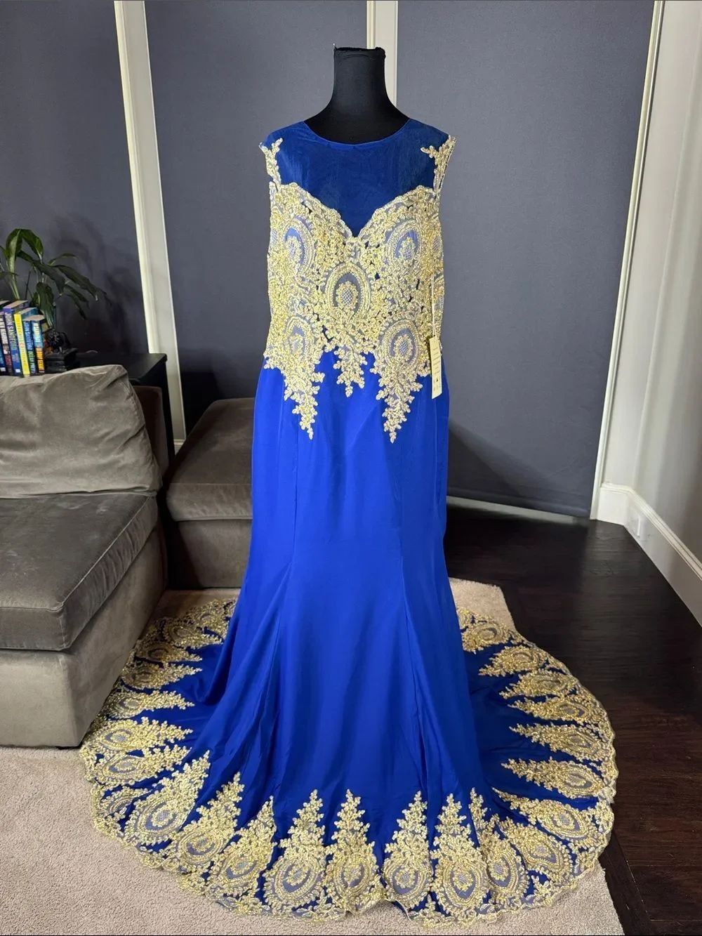Royal Blue Evening Gown Gold Lace Appliqué with Train Side Zip Size 18 NWT